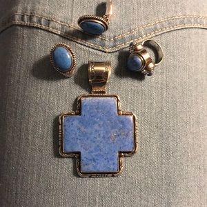Denim lapis lazuli cross, ring & earrings